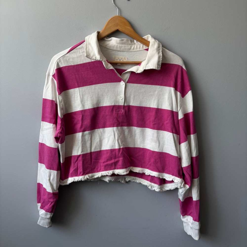 Thread & Supply Pink White Striped Cropped Rugby Polo Shirt Large